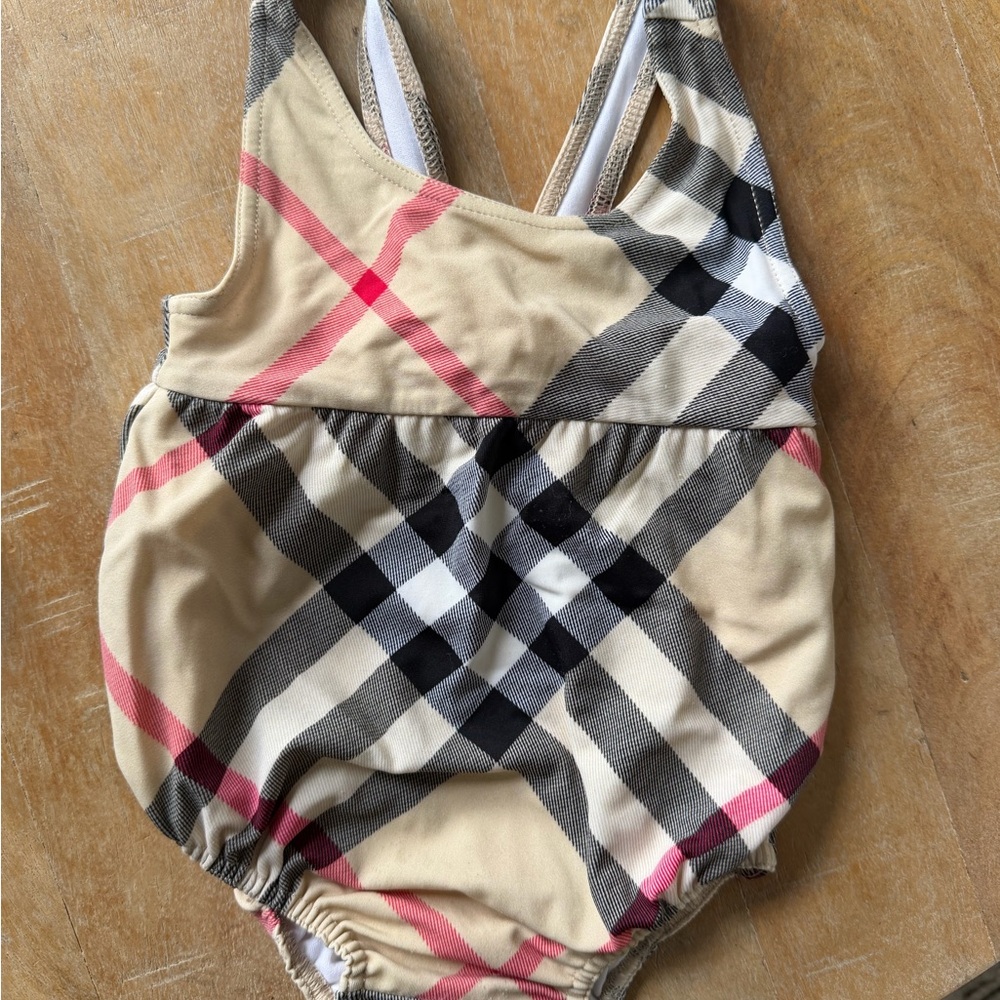 Burberry Beige Plaid Kids One-Piece Swimsuit with Pink & Black Accents